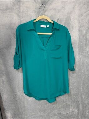 New York & Company Teal V-Neck Roll-Tab Tunic